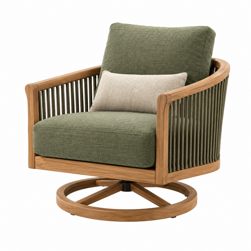 Fotel obrotowy 82 x 85 x 90 cm zielony z drewnianą ramą w stylu naturalnym