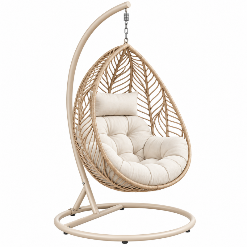 Fotel wiszący 105 x 105 x 195 cm beżowy z plecionką rattanową na stalowym stelażu