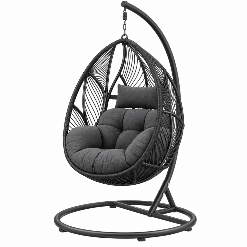 Fotel wiszący ogrodowy 105 x 105 x 195 cm czarny stalowy z plecionką do relaksu